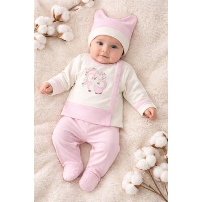 Set bebelus 3 piese bumbac cu broderie delicata, pantalonasi cu botosei si caciulita trpb0077-cp1