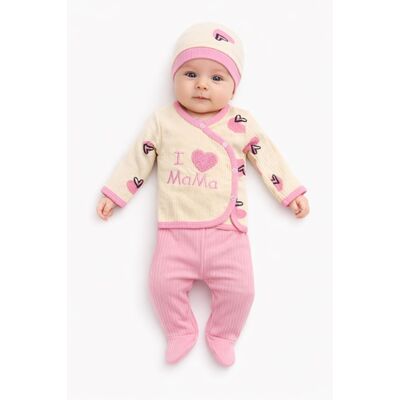 Set bebelus 3 piese bumbac reiat cu mesaj i love mama, bluza petrecuta si caciulita trpb0083