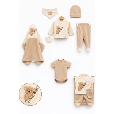Set bebelus 7 piese bumbac organic cu broderie ursulet, complet maternitate trpb0086