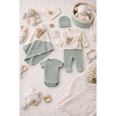 Set bebelus 7 piese bumbac organic cu broderie ursulet, complet pentru nou nascut trpb0085