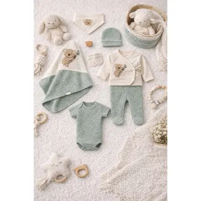 Set bebelus 7 piese bumbac organic cu broderie ursulet, complet pentru nou nascut trpb0085