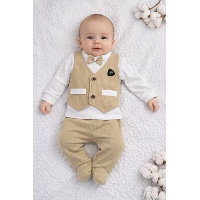 Set bebelusi 2 piese bej, bumbac, vesta decorativa cu papion, tinuta eleganta trpb0051