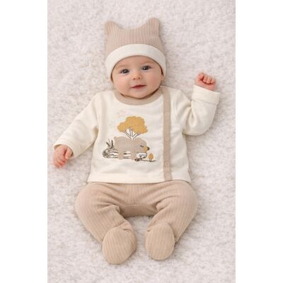 Set bebelusi 3 piese bumbac, bluza cu ursulet cu inchidere laterala si pantaloni cu botosei, 0-3 luni trpb0057-cp1