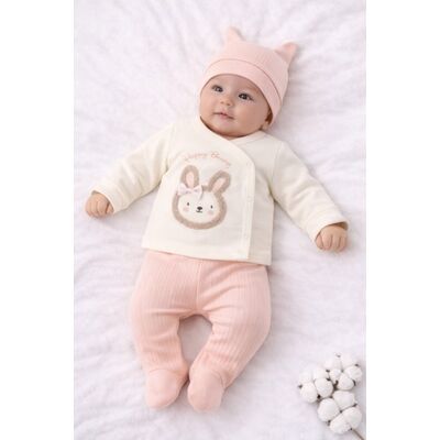 Set bebelusi 3 piese bumbac, body petrecut iepuras, pantaloni cu botosei, caciulita 0-3 luni trpb0055-cp1