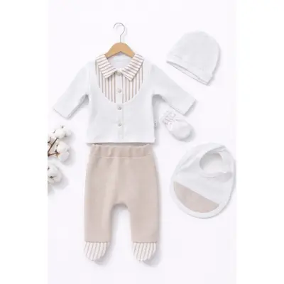 Set bebelusi 5 piese alb-bej, bumbac premium, tinuta completa cu bavetica tram0028