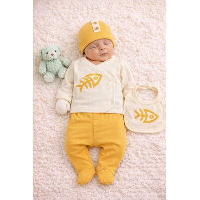 Set serde baby cu imprimeu pești – 5 piese din bumbac, galben bs2057