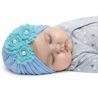 Turban bebelusi albastru deschis cu flori textile si perlute, caciulita elastica eleganta pentru fetite mbx-19068-2-ct6