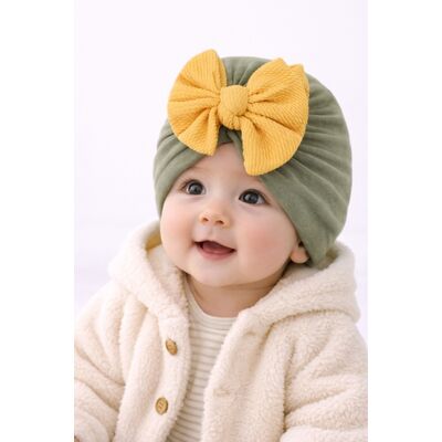 Turban bebelusi verde olive cu funda galben mustar, caciulita elastica eleganta pentru fetite mbx-21008-3-ct3