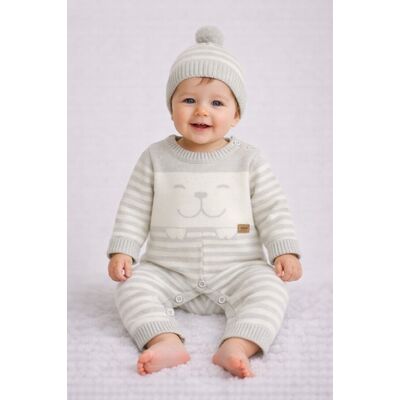 Salopetă tricotată cu caciulita uluda cu dungi gri bg91202-1