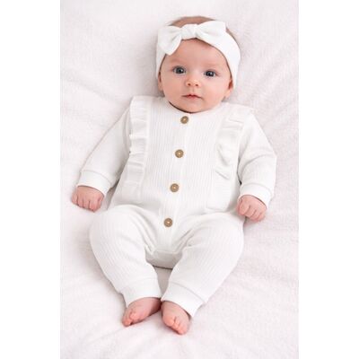 Salopeta bebe bumbac rib alba cu nasturi si bentita set elegant tram0038