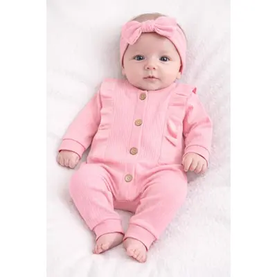 Salopeta bebe fetite bumbac rib cu volanase si bentita set roz tram0037