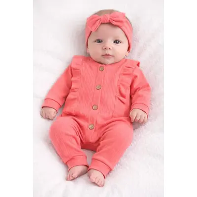 Salopeta bebe fetite bumbac rib roz coral cu nasturi si bentita set tram0039