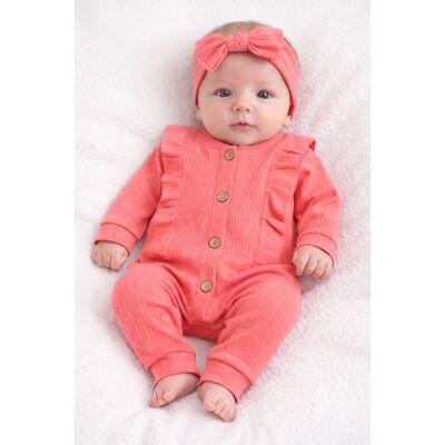 Salopeta bebe fetite bumbac rib roz coral cu nasturi si bentita set tram0039
