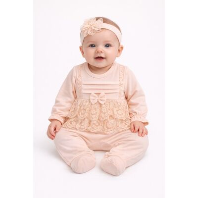 Salopeta fetita roz eleganta bumbac cu dantela si bentita set premium trpb0124