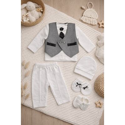 Set bebelus elegant botez 6 piese bumbac vesta papion pantaloni caciula botosei trpb0118