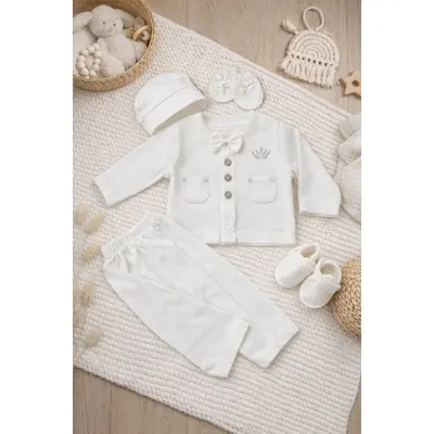 Set botez bebelus 6 piese alb elegant bumbac vesta pantaloni caciula botosei trpb0119