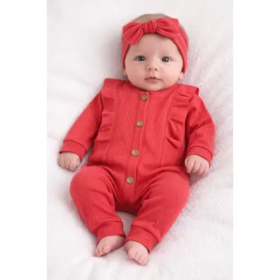 Set corai salopeta bebe bumbac rib cu nasturi si bentita  tram0036