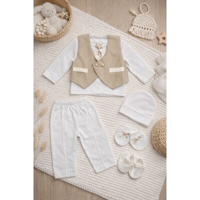 Tinuta botez bebelus 6 piese bumbac elegant set complet cu vesta si botosei trpb0121