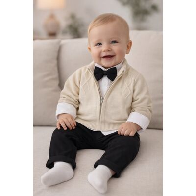 Costum elegant bebe 4 piese crem pulover camasa pantaloni papion botez trpb0179