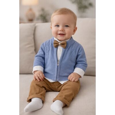 Costum elegant bebe baiat 4 piese albastru sacou camasa pantaloni si papion botez trpb0180