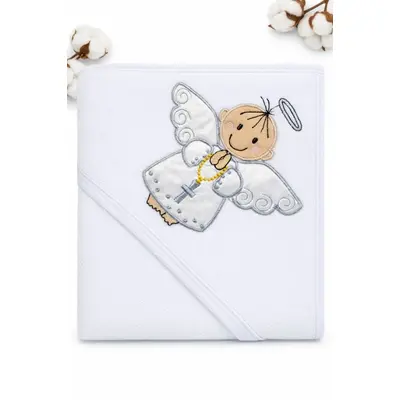 Prosop bebe alb cu gluga pentru botez bumbac moale broderie ingeras trpb0169