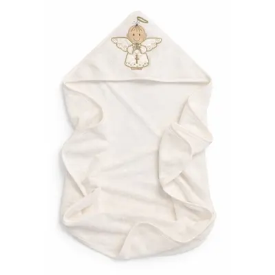 Prosop botez bebe crem cu gluga broderie ingeras bumbac pufos absorbant nou nascut trpb0170