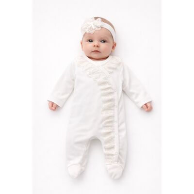 Salopeta bebe bumbac alb cu dantela set cu bentita  trpb0125