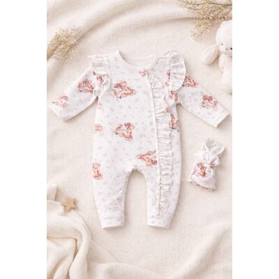 Salopeta bebe fetite cu volane bumbac set cu bentita imprimeu ursulet  trpb0126