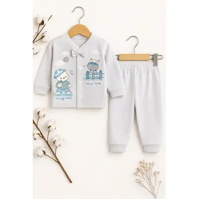 Set bebe bumbac 2 piese bluza cu papion pantaloni gri  trpb0164-cp1