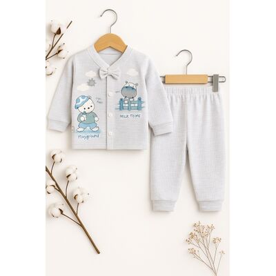 Set bebe bumbac 2 piese bluza cu papion pantaloni gri  trpb0164-cp1