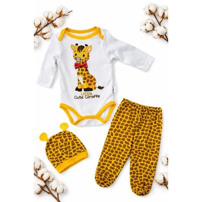 Set bebe nou nascut 3 piese bumbac body pantaloni botosei caciula girafa trpb0172