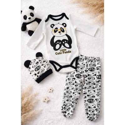 Set bebe panda 3 piese bumbac body pantaloni caciula unisex cadou bebelusi trpb0173