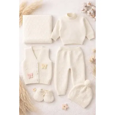 Set bebe tricotat 6 piese alb paturica vesta bluza pantaloni caciula botosei trpb0175
