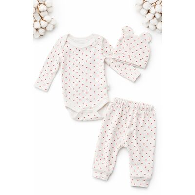 Set bebelus 3 piese body pantaloni caciula bumbac ribat cu inimioare trpb0159