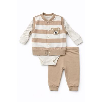 Set bebelus 3 piese body vesta pantaloni bumbac cu ursulet bej trpb0130