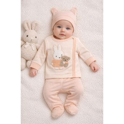 Set bebelus 3 piese bumbac cu iepuras bluza pantaloni caciula piersica trpb0153