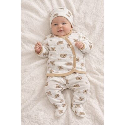 Set bebelus 3 piese bumbac cu ursuleti bluza pantaloni caciula crem trpb0156