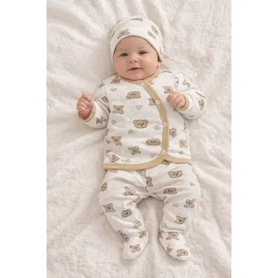 Set bebelus 3 piese bumbac cu ursuleti bluza pantaloni caciula crem trpb0156