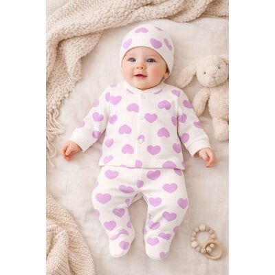 Set bebelus 3 piese bumbac inimioare lila bluza pantaloni caciula trpb0141