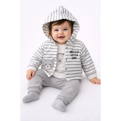 Set bebelus baietel 3 piese body hanorac pantaloni bumbac cu ursulet gri trpb0129