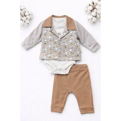 Set bebelus baietel 3 piese body sacou pantaloni bumbac elegant maro trpb0128