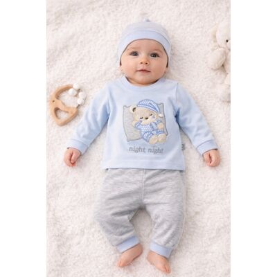 Set bebelus baietel 3 piese bumbac cu ursulet bluza pantaloni caciula trpb0127
