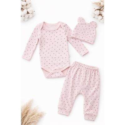 Set bebelus fetita 3 piese body pantaloni caciula bumbac ribat roz deschis trpb0163