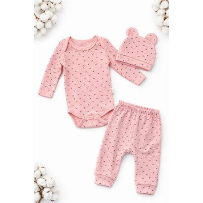 Set bebelus fetita 3 piese body pantaloni caciula bumbac ribat roz somon trpb0162