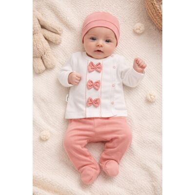 Set bebelus fetita 3 piese bumbac cu fundite roz bluza pantaloni caciula trpb0152