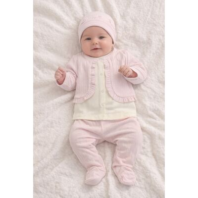 Set bebelus fetita 3 piese bumbac ribat cu volanase bluza pantaloni caciula trpb0155