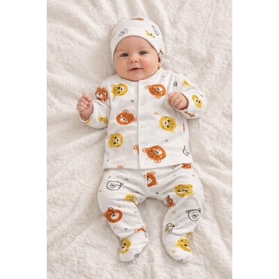 Set bebelus unisex 3 piese bumbac ribat cu animalute bluza pantaloni caciula trpb0157
