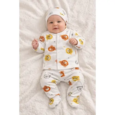 Set bebelus unisex 3 piese bumbac ribat cu animalute bluza pantaloni caciula trpb0157