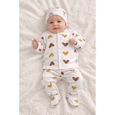 Set bebelus unisex 3 piese bumbac ribat cu inimioare bluza pantaloni caciula trpb0158