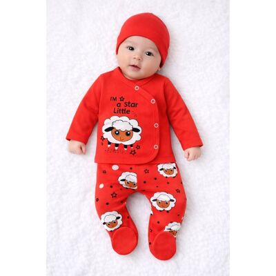 Set bebelusi 3 piese corai bumbac oita bluza pantaloni cu botosei si caciula trpb0147